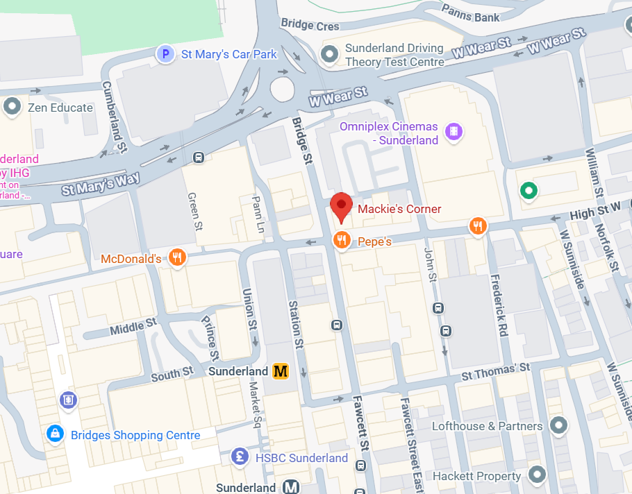 Map showing Space North East, Mackies Corner, High Street West, SR1 1TX